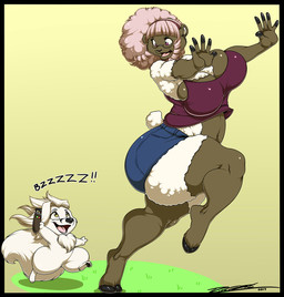 anthro big_breasts bottomwear breasts chasing chest_tuft clothing crop_top duo electric_shaver eyewear female fur glasses hair larger_female male navel open_mouth pink_eyes pink_hair shaver shirt shorts size_difference smaller_male sound_effects thick_thighs topwear tuft white_body white_fur wool_(fur) yellow_eyes deonwolf deon_(deonwolf) sierra_(iko) bovid canid canine canis caprine domestic_sheep mammal sheep suffolk_sheep wolf 2017 digital_media_(artwork) hi_res