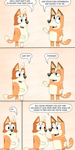 anthro brown_body brown_fur brown_nose comforting dialogue dipstick_tail duo female female_anthro fur greying_hair hand_on_belly markings mature_female on_model open_mouth open_smile orange_body orange_fur pink_background pregnant pregnant_anthro pregnant_female red_tongue simple_background smile speech_bubble spots spotted_body spotted_fur standing tail tail_markings tan_body tan_fur teeth text tongue white_body white_fur dogdrawler bluey_(series) brandy_cattle chilli_heeler australian_cattle_dog canid canine canis cattledog domestic_dog herding_dog mammal pastoral_dog 2024 absurd_res comic english_text hi_res sibling_(lore) sister_(lore) sisters_(lore)