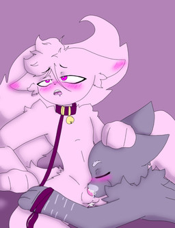 anthro bell blowing blowjob_face blush bodily_fluids breath collar cum cum_in_ass cum_in_mouth cum_inside duo ejaculation eyes_closed fellatio fellatio_gesture fur genital_fluids gesture grey_body grey_fur leash looking_pleasured lying male male/male on_front oral panting penile pink_body pink_fur sex sitting suggestive suggestive_gesture twx domestic_cat felid feline felis mammal hi_res