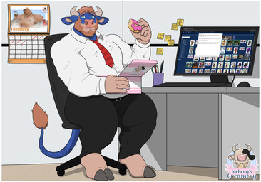 anthro barazoku border clothing computer dessert doughnut eating electronics food male monitor muscular muscular_male office overweight pastry sitting solo suit text white_border 1ceberg bovid bovine cattle mammal absurd_res english_text hi_res