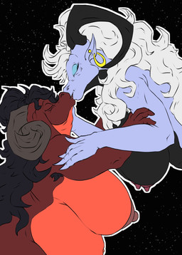 anthro anthro_on_anthro armpit_hair big_breasts black_body black_fur black_hair blind blue_body body_hair breasts claws disability duo eyes_closed female female/female french_kissing fur genitals hair horn kissing mature_female multicolored_body nipples open_mouth open_smile orange_body simple_background slightly_chubby slightly_chubby_female smile tongue tongue_out two_tone_body white_hair tolerain european_mythology mythology jynna_(tolerain) pyrra_(tolerain) dragon mythological_creature mythological_scalie scalie western_dragon hi_res
