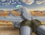 a-10 a_drunk_dragon air_force aircraft bottomwear breasts camo clothing dialogue english_text explosion female green_eyes hi_res living_aircraft living_machine living_vehicle looking_at_viewer looking_back looking_back_at_viewer machine shorts solo tank text vehicle