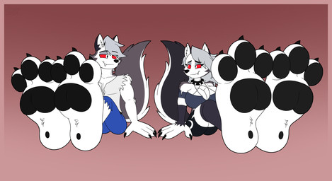 after_growth anthro big_breasts big_feet black_claws black_pawpads blue_bottomwear blue_clothing blue_shorts bottomwear breasts cheek_tuft claws clothed clothing collar countershade_tail countershading facial_tuft fang_out fangs feet female foot_fetish foot_focus grey_hair growth hair hands_on_ground inner_ear_fluff looking_at_another male pawpads paws pupils red_eyes red_sclera shorts sitting spiked_collar spikes tail teeth torn_clothing tuft white_body white_inner_ear white_inner_ear_fluff white_pupils fluffyeevee40 hellaverse helluva_boss loona_(helluva_boss) canid canine mammal digital_drawing_(artwork) digital_media_(artwork) hi_res