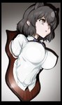 amputee big_breasts bisected black_border black_hair border breasts brown_eyes clothing corpse death disability female gore hair missing_arm missing_lower_body nipple_outline open_mouth ribbons shirt short_hair solo taxidermy taxidermy_mount topwear trophy_head shidagani kemono_friends brown_bear_(kemono_friends) animal_humanoid bear humanoid mammal mammal_humanoid ursid_humanoid hi_res