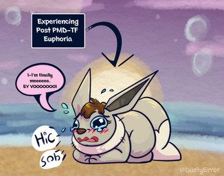 after_transformation ambiguous_gender beach blush blush_lines bodily_fluids crying euphoria feral happy humor pokemon_speak solo species_euphoria tears tears_of_joy text transformation dustyerror nintendo pokemon pokemon_mystery_dungeon spike_chunsoft eevee generation_1_pokemon mammal pokemon_(species) shiny_pokemon english_text hi_res trans_(lore) trans_woman_(lore)