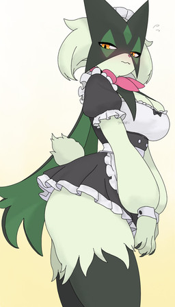 anthro arched_back big_breasts big_butt blush breasts butt claws cleavage clothed clothing curvy_figure dress extended_arms female fur green_body green_fur hands_together looking_at_viewer low-angle_view maid_headdress maid_uniform raised_tail short_dress side_view slight_blush solo standing tail thick_thighs uniform voluptuous yellow_eyes shay_the_one nintendo pokemon felicity_(meowscarada) domestic_cat felid feline felis generation_9_pokemon mammal meowscarada pokemon_(species) 4:7 hi_res