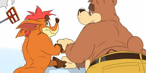 anthro big_butt bottomwear branded branding_iron brown_body brown_fur butt clothed clothing duo fur gloves gloves_only handwear handwear_only male mostly_nude nude orange_body orange_fur pants pants_only simple_background topless eclipticafusion activision banjo-kazooie crash_bandicoot_(series) microsoft rareware xbox_game_studios banjo_(banjo-kazooie) crash_bandicoot bandicoot bear mammal marsupial 2:1 crossover hi_res