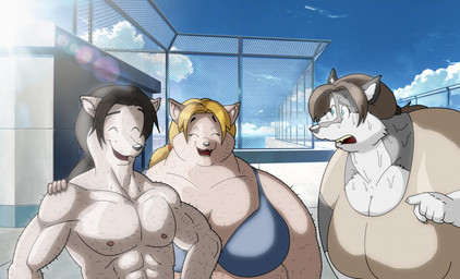 anthro big_breasts blonde_hair blue_eyes bodily_fluids bra breasts brown_hair clothing eyes_closed female fur grey_body grey_fur group hair huge_breasts male markings mole_(marking) open_mouth overweight overweight_anthro overweight_female shaved_fur shirt sweat topwear trio underwear white_body white_fur xxsparcoxx michelle_(xxsparcoxx) sophia_(xxsparcoxx) wildert_(xxsparcoxx) canid canine canis fox mammal wolf 2015 digital_media_(artwork)