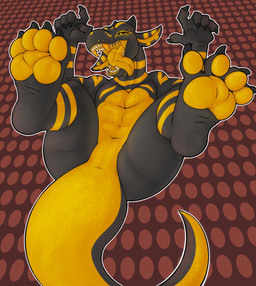 4_toes anthro arm_markings bedroom_eyes belly_folds bent_legs big_tail biped butt claws curling_toes ear_markings facial_markings fangs featureless_crotch feet foot_fetish foot_focus front_view gold_(metal) gold_tooth hands_behind_head head_markings hindpaw horn leg_markings legs_up looking_at_viewer lying male markings narrowed_eyes neck_markings null on_back open_mouth organs pawpads paws seductive shoulder_markings skarrfox_(kobold) smile smiling_at_viewer spread_legs spread_toes spreading stomach tail tapering_tail teeth thick_tail toe_claws toes tongue tongue_out viewed_from_above yellow_pawpads armus_(artist) seti_(skarrfox) kobold scalie absurd_res hi_res