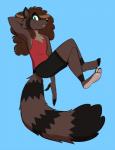 anthro barefoot big_hair bottomwear claws clothing countershade_feet countershading feet femboy green_eyes hair hindpaw male paws pose shirt shorts smile soles solo tank_top toes topwear unknown_artist azu curly ailurid hybrid mammal procyonid raccoon red_panda hi_res pinup