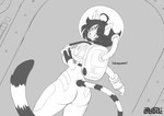 anthro big_breasts big_butt black_hair breasts bubble_helmet butt clothing cowlick cyberpunk female grey_background hair holding_strap looking_at_viewer looking_back looking_back_at_viewer oxygen_tank science_fiction simple_background solo space_helmet spacesuit tight_clothing lazydez hollandworks eirwen_vaan felid mammal pantherine snow_leopard monochrome signature