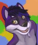 abstract_background anthro blue_body blue_fur fur hair looking_at_viewer male open_mouth purple_body purple_fur simple_background smile solo white_body white_fur yellow_eyes k-ho psywolf canid canine canis mammal wolf