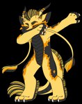 2018 anthro barbel_(anatomy) black_body black_scales claws dabbing dragon eastern_dragon eyebrows eyes_closed fluffy gold_body gold_scales horn kobold kodiyak male mane meme mythological_creature mythological_scalie mythology orange_outline outline rune_(banananoodl) scales scalie solo tail tuft yellow_body yellow_scales