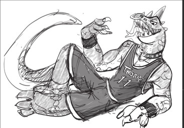 anthro barefoot basketball_uniform bodily_fluids bottomwear clothed clothing collar facial_piercing feet head_spikes male mouth_piercing muscular muscular_anthro muscular_male neck_piercing nose_piercing piercing reclining saliva scales shirt shorts simple_background solo spikes spikes_(anatomy) sportswear studded_collar studs tail teeth tongue tongue_out topwear uniform white_background kitsugambas goat_(movie) sony_corporation sony_pictures modo_olachenko komodo_dragon lizard monitor_lizard reptile scalie 2026 digital_media_(artwork) greyscale monochrome