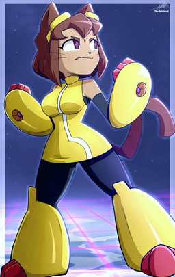 anthro armor armored_boots border breasts brown_hair clothed clothed_anthro clothed_female clothing club_arms dress eyewear eyewear_on_head female fur gauntlets gloves goggles goggles_on_head grid_floor hair handwear mouth_closed one_fang pink_eyes pose pupils serious_face short_hair sleeveless_dress solo square_pupils star tail tan_body tan_fur text triangle_nose whiskers wide_stance yellow_clothing yellow_dress the-butcher-x gameoverse glitch_productions kit_bodega domestic_cat felid feline felis mammal 2026 artist_name hi_res signature