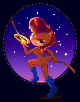 5_fingers action_pose anthro athletic athletic_anthro athletic_female auburn_hair back_groove blue_eyes boots boots_only butt clothing constellation constricted_pupils countershade_face countershade_torso countershading facial_tuft female fingers footwear footwear_only glistening glistening_eyes glistening_hair hair looking_at_viewer looking_back mostly_nude nude orion_(constellation) pointy_ears pose power_ring prick_ears pupils scut_tail shoes short_tail size_difference small_mouth small_nose small_pupils smaller_female snout solo star tail text tuft twilight smilesfps sega sonic_the_hedgehog_(satam) sonic_the_hedgehog_(series) sally_acorn chipmunk ground_squirrel mammal rodent sciurid artist_name hi_res
