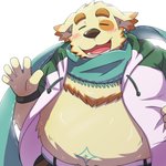 anthro belly blush clothing eyes_closed hoodie humanoid_hands kemono male overweight overweight_anthro overweight_male scarf solo topwear emufu lifewonders tokyo_afterschool_summoners cu_sith_(tas) canid canine canis domestic_dog mammal 1:1 2017