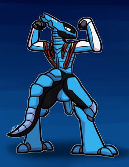 3_toes 4_fingers anthro backsack balls big_balls big_penis black_body black_eyes blue_balls blue_body blue_glans blue_penis erection exposed_wires feet fingers fist flexing genitals glans half-closed_eyes humanoid_genitalia humanoid_penis looking_back looking_down machine male metallic_body narrowed_eyes penis rear_view solo standing toes white_body wire ultilix tarnish.exe robot synth_(vader-san) 2026 hi_res