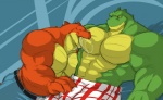 2014 abs abstract_background alligator alligatorid anthro athletic belt biceps big_muscles bite blue_background bodily_fluids bottomwear breastfeeding brother_(lore) bulge claws clothed clothing crocodile crocodilian crocodylid drooling duo eyes_closed featureless_chest green_body green_skin grin grope horn huge_muscles lactating male male/male male_lactation muscular muscular_male nipple_fetish nipple_play nipple_suck orange_body orange_eyes orange_skin pants pecs pose reptile romantic romantic_couple saliva scales scalie shorts sibling_(lore) simple_background sitting smile sucking topless wani who yellow_body yellow_eyes yellow_skin yongdasom