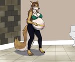 anthro belly big_belly breasts cleavage clothed clothing eyewear female glasses pregnant solo tape_measure toilet derrysome xanderblaze canid canine canis mammal wolf hi_res