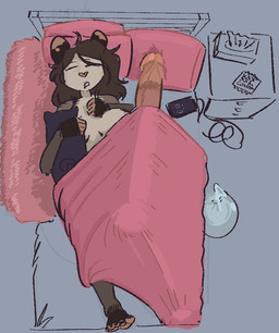 bed_sheet bedding big_penis bulge condom condom_balloon erection feet genitals gynomorph huge_penis hyper hyper_genitalia hyper_penis intersex morning_wood penis plushie sexual_barrier_device sleeping conditional_dnp girl_poss jay_(girl_poss) american_opossum mammal marsupial