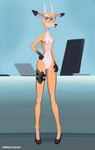 anthro clothing computer desk electronics eyewear female footwear furniture glasses gun handgun high_heels holster holstered_pistol hooves horn laptop nude pistol ranged_weapon receptionist shoes solo table weapon misterfyrryman illumination_entertainment sing_(movie) karen_(sing) antelope bovid mammal absurd_res hi_res