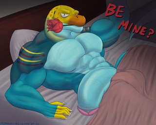 abs anthro balls_outline bed bedding biceps big_bulge big_muscles big_pecs big_penis blanket blue_body blue_penis blue_scales bulge claws detailed_bulge finger_claws flower flower_in_mouth foreskin furniture genital_outline genitals glans half-erect holidays huge_bulge huge_muscles huge_penis inside inviting looking_at_viewer male markings muscular muscular_anthro muscular_male nude pecs penis pillow pink_glans plant pose presenting presenting_penis question retracted_foreskin rose_(flower) rose_in_mouth scales solo spots spotted_body spotted_scales striped_body striped_scales stripes text thick_penis yellow_body yellow_scales monroethelizard valentine's_day monroe_lehner collared_lizard common_collared_lizard lizard reptile scalie 2026 digital_drawing_(artwork) digital_media_(artwork) english_text hi_res pinup shaded signature soft_shading