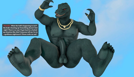 abs anthro balls cloud embarrassed_naked_male embarrassing_exposure embarrassing_nudity erection falling falling_down feet genitals involuntary_erection jewelry male nude nude_anthro nude_male pecs penis profanity red_eyes sky solo text unwanted_erection meteorsmash okamical_(modeler) epic_games fortnite thunder_(fortnite) komodo_dragon lizard monitor_lizard reptile scalie absurd_res english_text hi_res