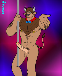 anthro body_hair bow_tie erection genitals gradient_background humanoid_genitalia humanoid_penis looking_at_viewer male muscular muscular_anthro muscular_male nipple_piercing nipples nude pecs penis piercing pole reaching_towards_viewer simple_background solo stripper stripper_pole crix_raccoon bison bovid bovine mammal