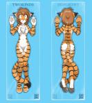 anthro blank_stare blue_background bookmark_design breasts brown_hair butt casual_nudity chest_tuft colored conditional_dnp countershading digital_media_(artwork) digitigrade english_text featureless_breasts featureless_crotch felid female flora_(twokinds) front_view fur hair hi_res hindpaw keidran looking_at_viewer mammal multicolored_body multicolored_fur nude orange_body orange_fur pantherine pawpads paws qr_code rear_view simple_background solo stripes tail text tiger tom_fischbach tuft twokinds white_body white_fur