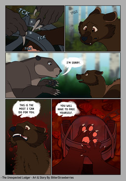 chain claws dialogue feral finger_claws leaves_on_ground outside pawpads paws teeth_showing text trap_(contrivance) worried worried_look bitterstrawberries echo_(bitterstrawberries) husq_(bitterstrawberries) beaver fisher_(animal) gulonine mammal mustelid musteline rodent comic english_text hi_res