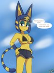 anthro big_breasts biped black_bikini_top blue_body blue_fur blue_hair bottomwear breasts clothed clothed_anthro clothed_female clothing cloud day denim denim_bottomwear denim_clothing denim_shorts dialogue feline_tail female fingers front_view frown fur hair half-closed_eyes hands_on_hips lens_flare long_tail looking_at_viewer looking_down low-angle_view markings medium_hair narrowed_eyes navel outside shorts side_boob skimpy sky solo speech_bubble striped_markings stripes tail text under_boob yellow_body yellow_fur luckster1234 animal_crossing nintendo ankha_(animal_crossing) domestic_cat felid feline felis mammal 2024 artist_name colored english_text portrait three-quarter_portrait