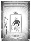 absurd_res alcohol ambiguous_gender angry anthro barefoot beer beverage black_and_white border canid canine clothed clothing comic door duo ear_piercing feet fox hi_res kif_yppreah kifyun2 male mammal monochrome piercing simple_background speed_lines white_border