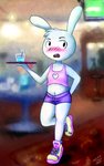 anthro bartender blush bottomwear clothing crop_top embarrassed female footwear hotpants midriff navel shirt shoes shorts sneakers solo tank_top topwear working yiffnotgif adventure_time cartoon_network y5_(adventure_time) lagomorph leporid mammal rabbit hi_res