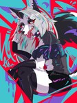 abstract_background anthro armwear black_clothing black_legwear black_thigh_highs bleh boob_tube bottomwear cellphone clothed clothing collar ear_piercing ear_ring ears_up elbow_gloves electronics eye_through_hair eyebrows eyelashes eyeliner fangs fangs_bared female fingerless_gloves fingernails flipping_viewer_off fluffy fur gesture gloves grey_body grey_fur hair hand_gesture handwear legwear looking_at_viewer makeup middle_finger nails notched_ear phone piercing red_sclera ring_piercing rude shorts smartphone solo spiked_collar spikes taunting teeth thick_thighs thigh_highs tongue tongue_out translucent translucent_hair white_body white_eyes white_fur white_hair laverne_3r helluva_boss mythology loona_(helluva_boss) canid canid_demon canine demon hellhound mammal mythological_canine mythological_creature hi_res