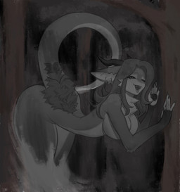 anthro aroused black_eyes breasts fangs female forest forest_background grey_body happy horn nails nature nature_background plant solo tail teeth tree styhi mythology nsfwtober dragon ghost mythological_creature mythological_scalie scalie spirit hi_res