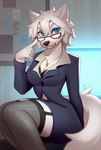 anthro black_clothing black_legwear black_suit black_thigh_highs blue_eyes breasts cleavage clothed clothed_anthro clothed_female clothing eyewear female fluffy fluffy_tail fur garter_straps glasses hair jewelry legwear looking_at_viewer medium_breasts necklace office_lady solo suit tail thick_thighs thigh_highs wearing_glasses white_body white_fur white_hair paper_demon selin_malianis canid canine canis mammal wolf 2024 hi_res