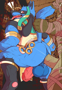 anal anal_penetration anal_tugging anthro anthro_on_anthro anthro_penetrated anthro_penetrating anthro_penetrating_anthro anus backsack balls barazoku bareback bent_leg biceps big_balls big_butt big_muscles big_penis black_body black_fur blue_body blue_fur bodily_fluids bottomwear butt clothing duo egyptian emanata erection exclamation_point fur genitals gold_(metal) holowear_(pokemon) humanoid_genitalia humanoid_penis loincloth looking_back male male/male male_penetrated male_penetrating male_penetrating_male mummy_costume mummy_wrappings muscular muscular_anthro muscular_male open_mouth penetration penile penile_penetration penis penis_in_ass perineum red_eyes saliva sex standing tail tail_grab teeth thick_penis thick_thighs tongue tongue_out tuft wraps ggan_ggandi nintendo pokemon pokemon_unite ruins_style_lucario ambiguous_species canid canine generation_4_pokemon lucario mammal pokemon_(species) 2023 absurd_res digital_media_(artwork) hi_res