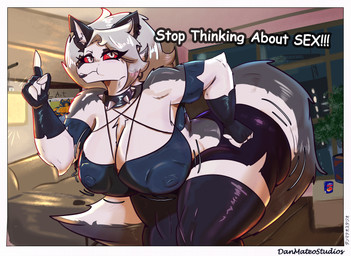 anthro big_breasts big_butt black_nose breasts butt female huge_breasts huge_butt solo text danmateostudios hellaverse helluva_boss mythology stop_thinking_about_sex loona_(helluva_boss) canid canid_demon canine demon hellhound mammal mythological_canine mythological_creature absurd_res english_text hi_res