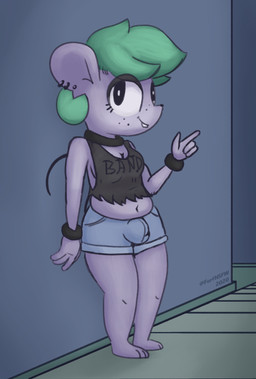 anthro barefoot bottomwear bracelet breasts bulge choker cleavage clothed clothing denim denim_bottomwear denim_clothing denim_shorts feet freckles gesture green_hair gynomorph hair hand_gesture intersex jewelry leaning mouse_tail navel necklace outside piercing pointing shorts side_boob sidewalk slightly_chubby solo teeth furfnsfw maddie_(furf) house_mouse mammal mouse murid murine rodent 2020 digital_media_(artwork) hi_res