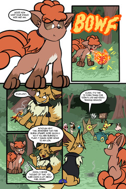 2_horns 4_panel_comic ambiguous_gender anthro biped black_cape black_clothing black_eyes black_nose black_tail black_text breath_powers brown_body brown_eyes brown_fur brown_hair burning cape cheek_spots claws clenched_teeth clothing day dialogue elemental_manipulation exclamation_point eyelashes eyes_closed eyewear female feral fire fire_breathing fire_manipulation flower fluffy fluffy_tail fur goggles grass group hair horn inner_ear_fluff looking_at_another motion_lines mouth_closed multi_tail neck_tuft open_mouth open_smile outside page_number pawpads paws pink_body plant pupils quadruped red_cheeks sharp_teeth shrub sign smile smoke sound_effects speech_bubble standing tail talking_to_another teeth text toe_claws tongue toony tree tuft white_pupils white_sclera yellow_body virmir nintendo pokemon pokemon_mystery_dungeon spike_chunsoft virmir_(character) cleffa eevee generation_1_pokemon generation_2_pokemon generation_4_pokemon igglybuff munchlax pichu pokemon_(species) smeargle staryu vulpix 2025 2:3 absurd_res comic english_text hi_res signature male_(lore)