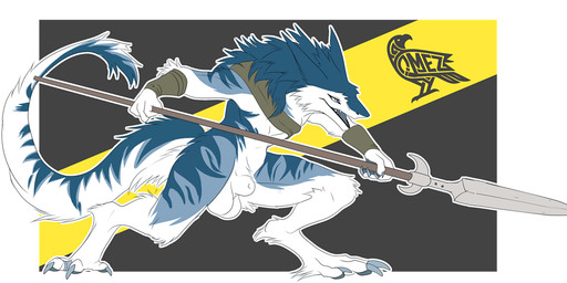 animal_genitalia anthro balls butt claws fur genitals male melee_weapon nude penis polearm sheath simple_background solo spear tail weapon omez felix_(felixsergal) sergal