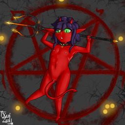 blood bodily_fluids candle choker clitoris demonic female genitals green_eyes hair jewelry long_ears lying necklace nipple_piercing nipples occult_symbol on_back open_mouth pentagram piercing pitchfork purple_hair red_body runes solo spade_tail spiked_choker symbol tail tools top_down young xui-zui demon humanoid imp succubus 1:1 absurd_res hi_res