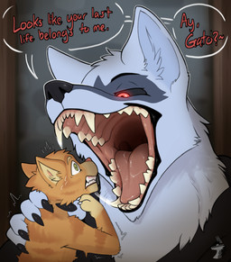 anthro anthro_pred anthro_prey bodily_fluids canine_teeth carnassials claws clenched_teeth dialogue duo emanata eyebrows facial_markings fangs finger_claws fur fuzzy glowing glowing_eyes green_eyes grey_body grey_fur half-closed_eyes head_markings holding_another imminent_vore incisors larger_pred looking_at_another looking_at_mouth looking_into_mouth male male/male male_pred markings mask_(marking) mouth_shot narrowed_eyes neck_grab nervous nervous_sweat open_mouth oral_vore orange_body orange_fur red_eyes saliva saliva_on_tongue saliva_string scared shaking size_difference speech_bubble sweat teeth text tongue tremble_spikes trembling unwilling_prey vore wide_eyed willing_pred arkailart dreamworks puss_in_boots_(franchise) death_(puss_in_boots) puss_in_boots_(dreamworks) canid canine canis domestic_cat felid feline felis mammal tabby_cat wolf absurd_res hi_res