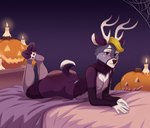 anthro antlers bed blonde_hair blue_eyes candle clothing cloven_hooves femboy fishnet_clothing fishnet_legwear fishnet_shirt fishnet_topwear fur furniture hair holidays hooves horn jack-o'-lantern legwear looking_at_viewer lying male markings on_bed on_front purple_body purple_fur shirt simple_background solo spider_web topwear white_markings kadzukai halloween damon_fallow deer mammal