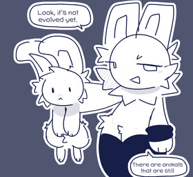 :< ambiguous_gender anthro armband black_armband black_clothing black_legwear black_thigh_highs clothing crotch_tuft dialogue duo featureless_crotch feral fur holding_feral intraspecies legwear looking_at_another speech_bubble thigh_highs tuft white_body white_fur hottoek volt_(hottoek) lagomorph leporid mammal rabbit 2026 black_and_white blue_and_white hi_res monochrome tagme male_(lore)
