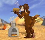 anthro baked_goods baking bangs bent_over big_butt blue_sky blurred_background bread bread_loaf breasts brown_body brown_fur brown_hair butt campfire casual_nudity claws cooking countershade_feet countershade_hands countershading detailed_background facial_markings feet female fire food fur furnace game_background green_eyes hair head_markings holding_object holding_tray long_hair looking_at_viewer looking_back looking_back_at_viewer markings mouth_closed nude outside pawpads pink_pawpads plantigrade ponytail public public_nudity raised_heel sky smile smoke soles solo steam striped_arms striped_body striped_legs striped_markings striped_tail stripes tail tail_markings tan_body tan_fur tents thick_thighs the_urge_within blizzard_entertainment warcraft tiya_shortclaw bear mammal pandaren red_pandaren absurd_res hi_res