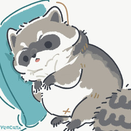 belly black_eyes black_nose chibi dot_eyes feral grey_body navel overweight pillow simple_eyes solo white_body x_navel yencatx mammal procyonid raccoon 1:1 2021