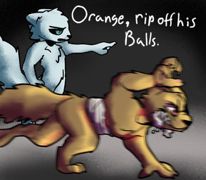 4_fingers ambiguous_gender angry anthro bandage black_nose black_sclera blue_eyes bodily_fluids crawling dialogue duo fingers foam foaming_at_mouth fur gesture grey_background hand_gesture humor male motion_blur open_mouth orange_body orange_fur pointing red_eyes saliva simple_background talking_to_another text white_body white_fur wickflix casualties:_unknown gunsaw aquatic canid canine canis gunsawian hybrid mammal milky_(gunsawian) orange_(gunsawian) wolf digital_drawing_(artwork) digital_media_(artwork) english_text reaction_image