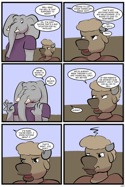angry anthro beverage_can blonde_hair brown_body brown_fur dialogue duo eyes_closed fur grey_body grey_skin hair male proboscis_(anatomy) text trunk_(anatomy) young young_anthro young_male thunderouserections study_partners ragdoll_(study_partners) will_(study_partners) bison bovid bovine elephant elephantid mammal proboscidean 2:3 comic english_text hi_res